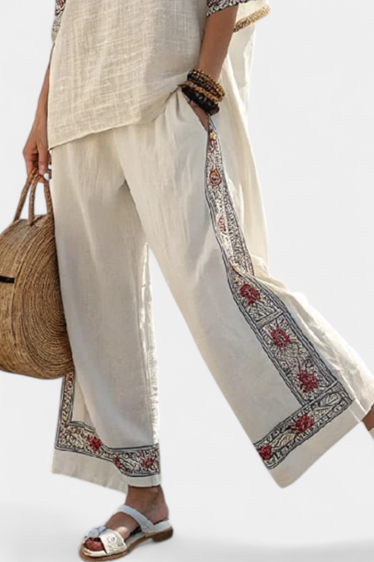 Emiliana | Sophisticated Embroidered Raw Blouse & Wide Trousers