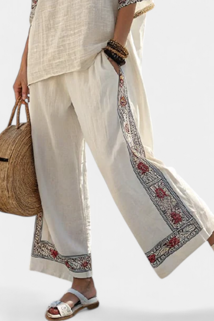 Emiliana | Sophisticated Embroidered Raw Blouse & Wide Trousers