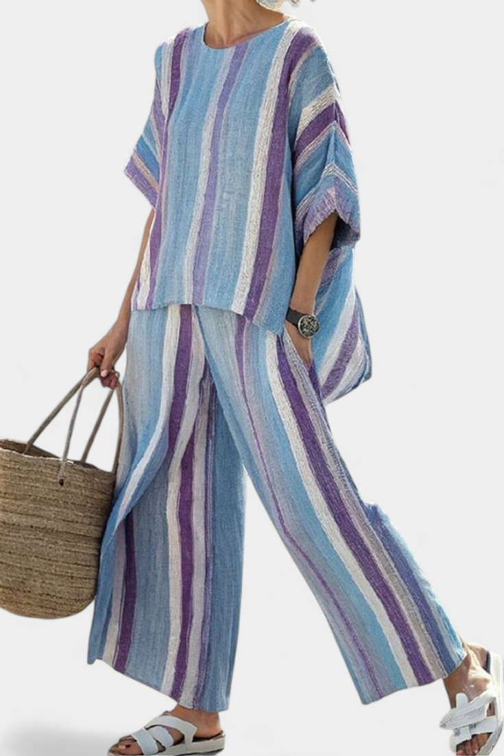 Neely | Elegant Mauve Pastel Top & Striped Linen Trousers