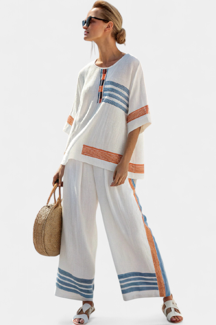 Aliyah | Sophisticated Blue-Orange Striped Top & Trousers