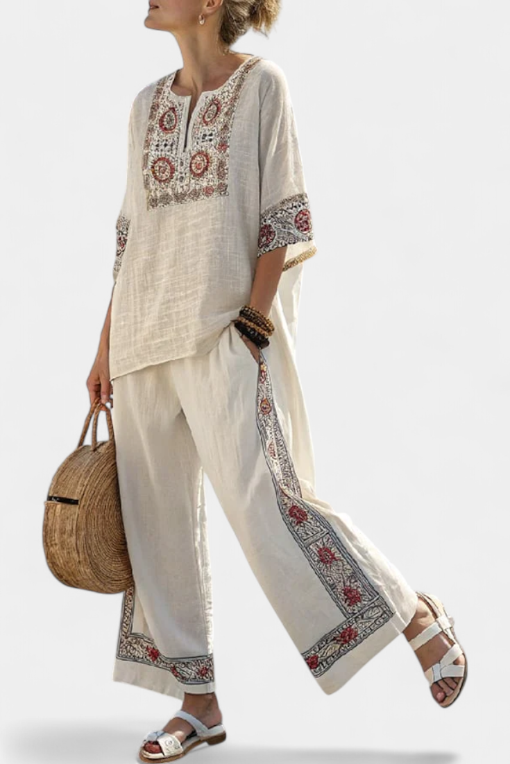 Emiliana | Sophisticated Embroidered Raw Blouse & Wide Trousers