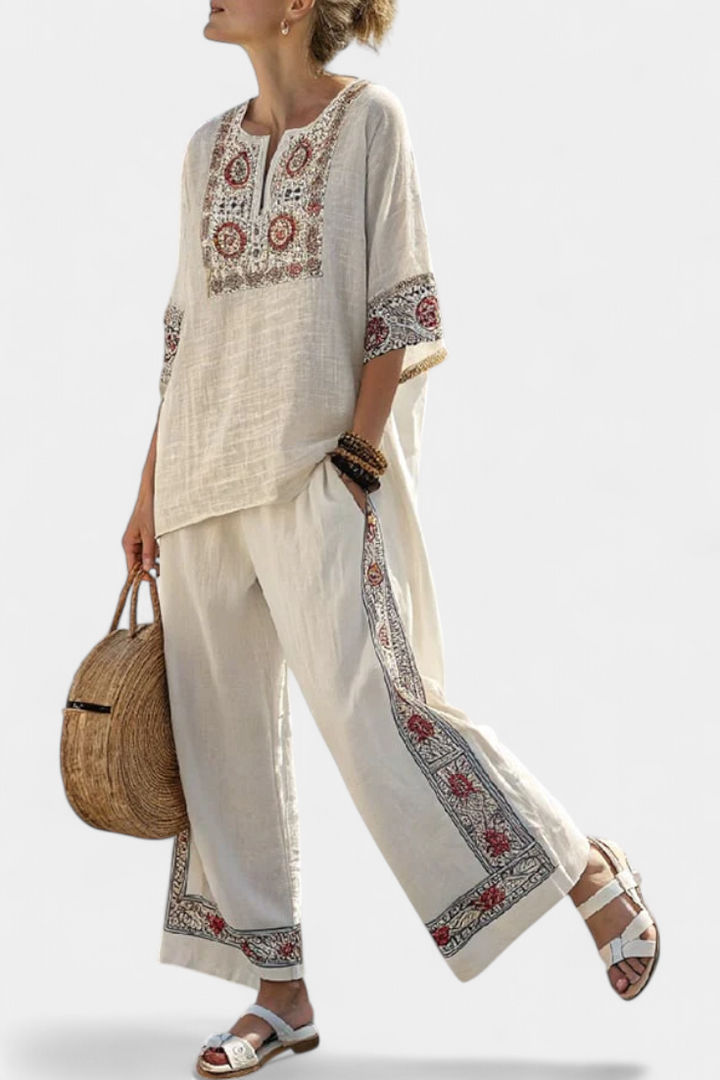 Emiliana | Sophisticated Embroidered Raw Blouse & Wide Trousers
