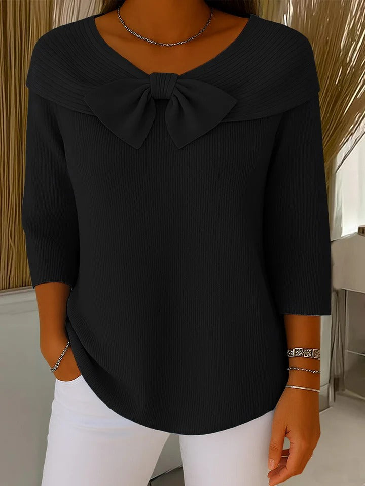 Janet – Fitted Ribbed Knit Top with Bow Detail