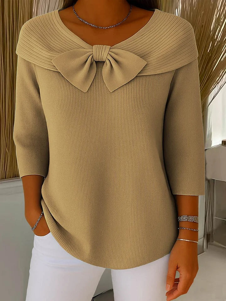 Janet – Fitted Ribbed Knit Top with Bow Detail