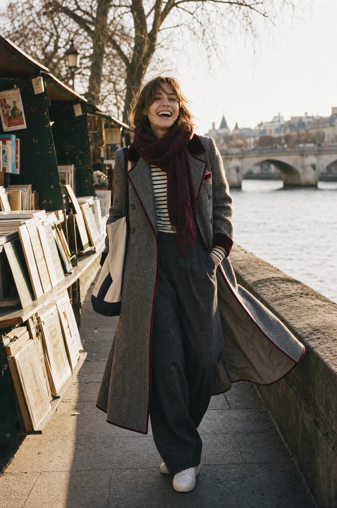 Iris – Herringbone Longline Coat with Velvet Trim