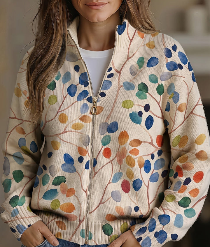Mhairi – Botanical Leaf Print Zip Jacket
