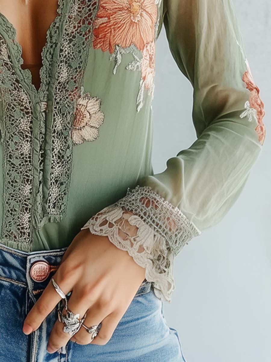 Trudy – Embroidered Lace-Trim Boho Blouse