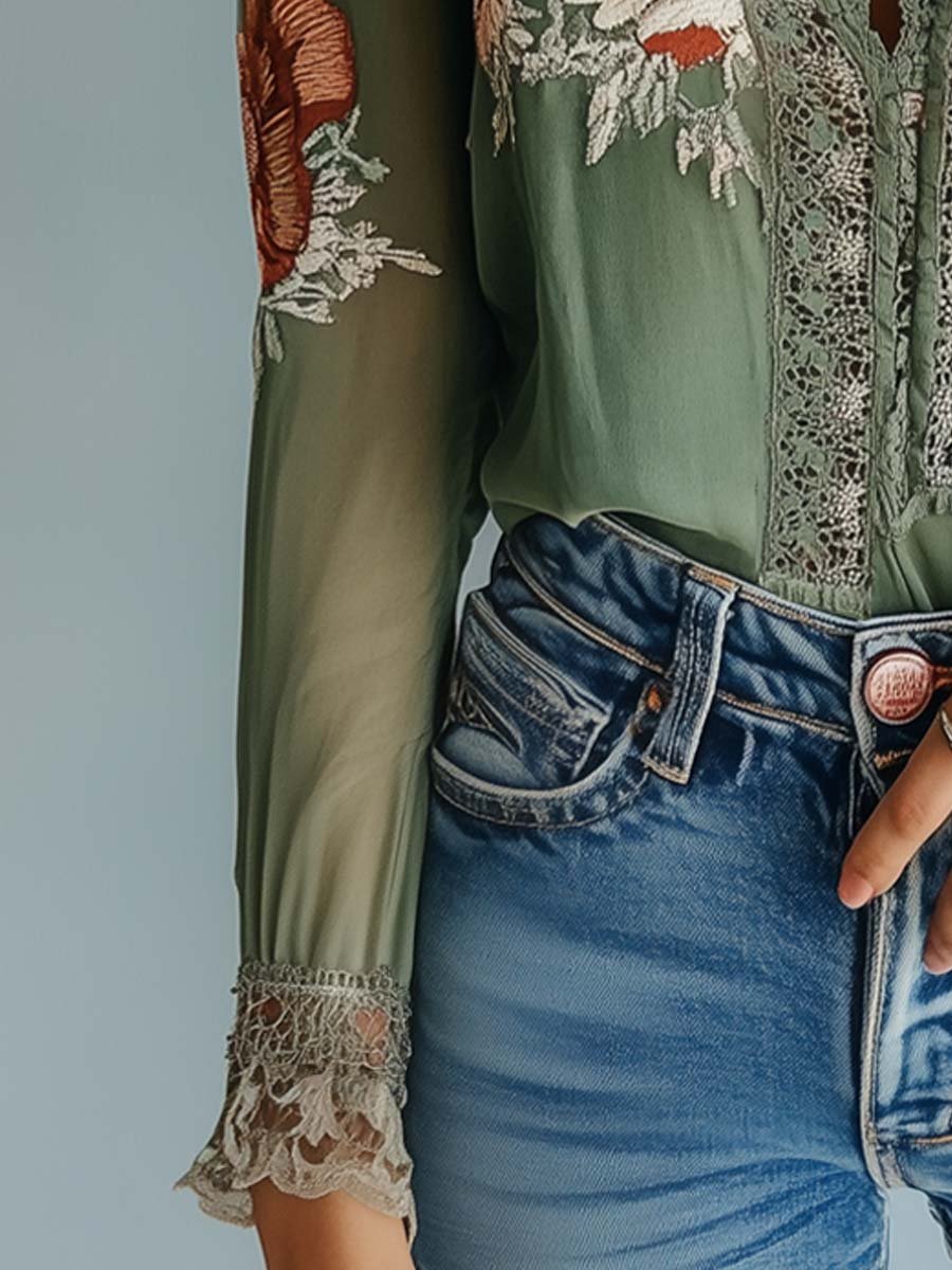 Trudy – Embroidered Lace-Trim Boho Blouse