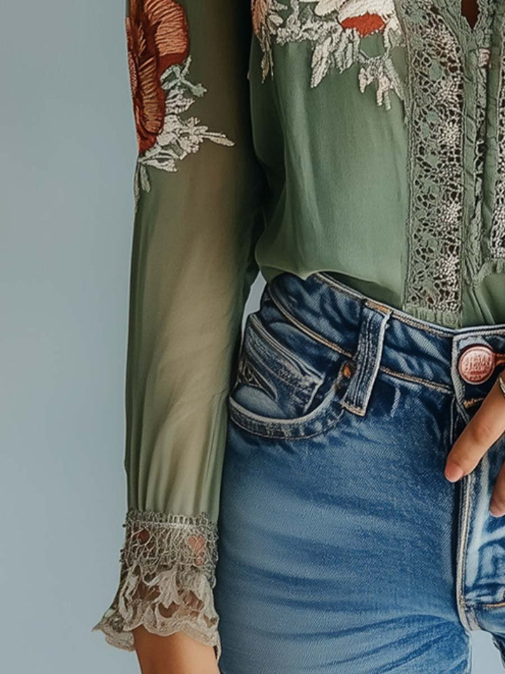 Trudy – Embroidered Lace-Trim Boho Blouse