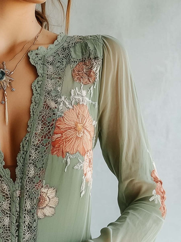Trudy – Embroidered Lace-Trim Boho Blouse