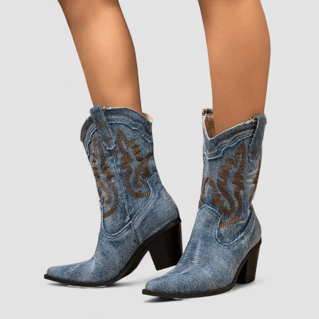 Maureen – Embroidered Denim Western Cowboy Boots