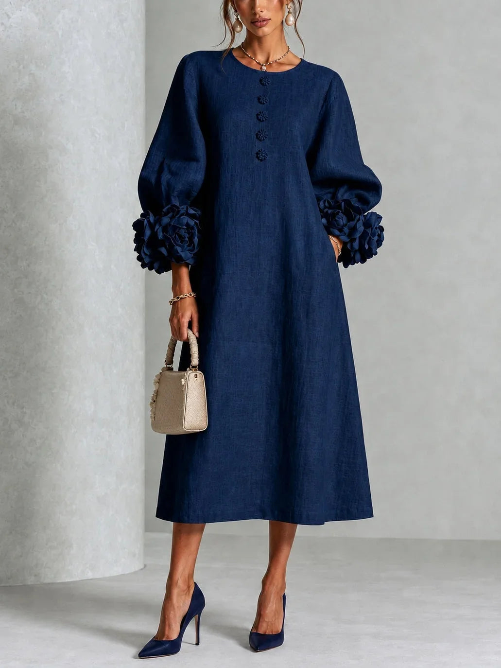 Olive – Linen-Look Midi Dress with Floral Cuffs