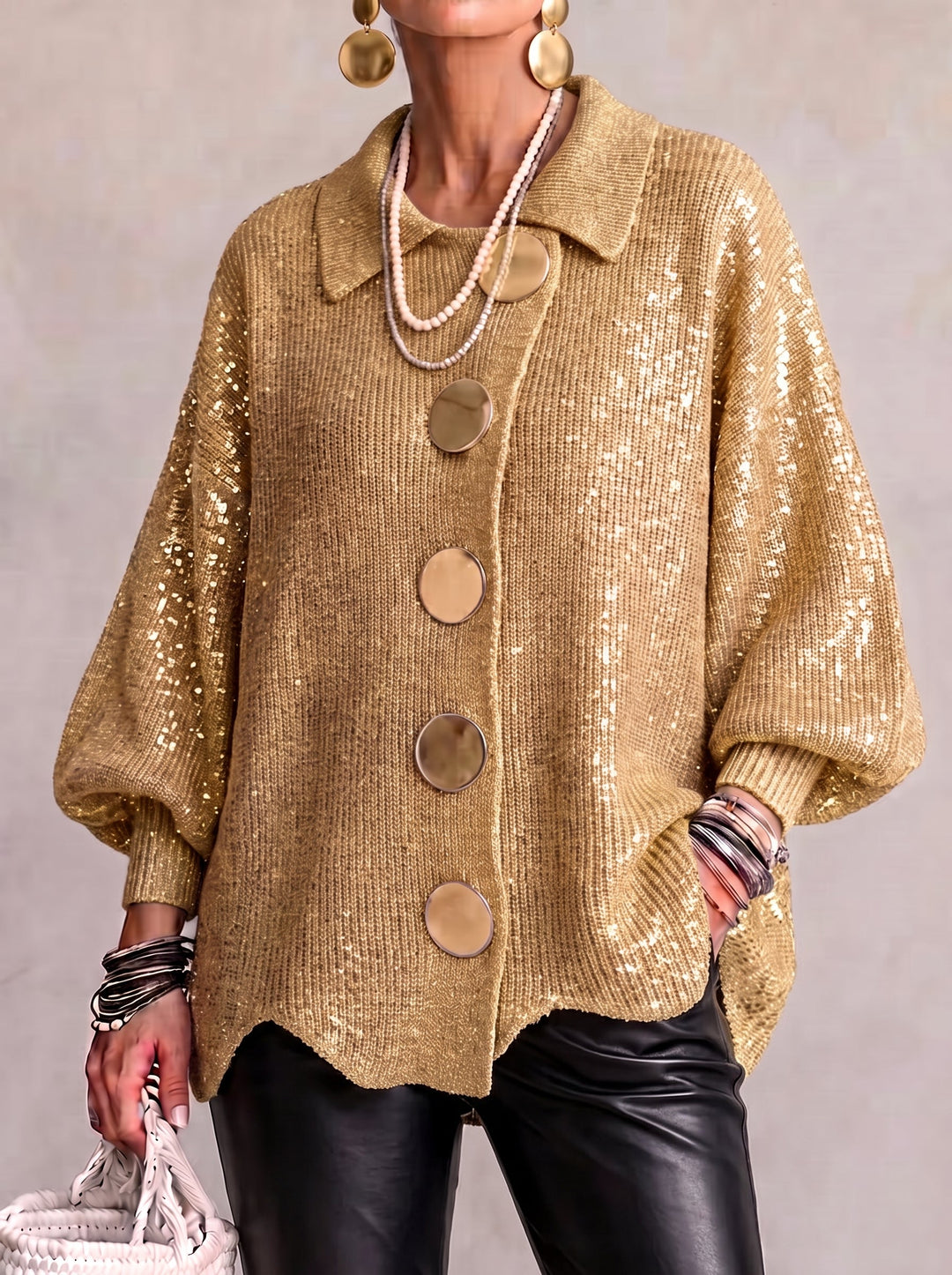 Halina – Oversized Collared Cardigan with Gold Buttons