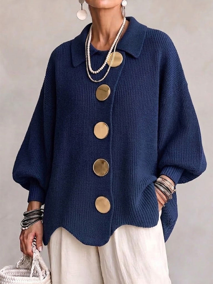 Halina – Oversized Collared Cardigan with Gold Buttons