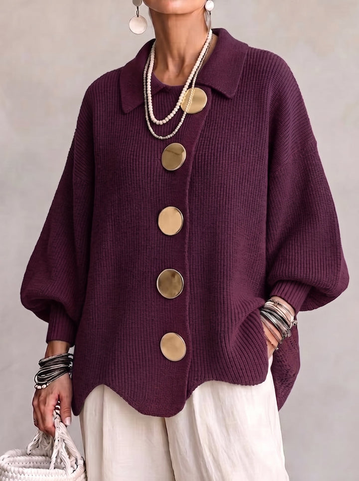 Halina – Oversized Collared Cardigan with Gold Buttons