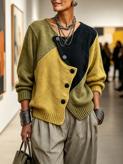 Carole – Colour-Block Asymmetric Knit Cardigan
