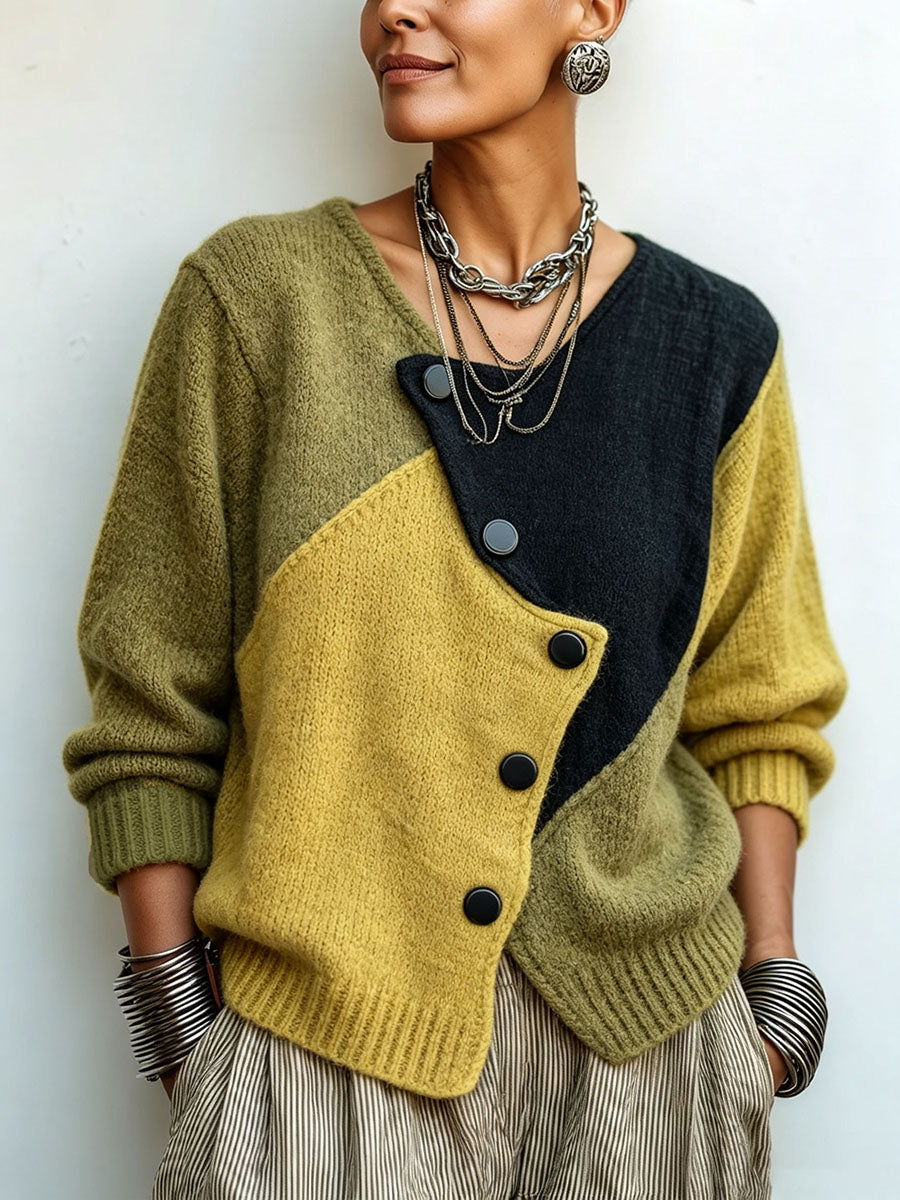 Carole – Colour-Block Asymmetric Knit Cardigan