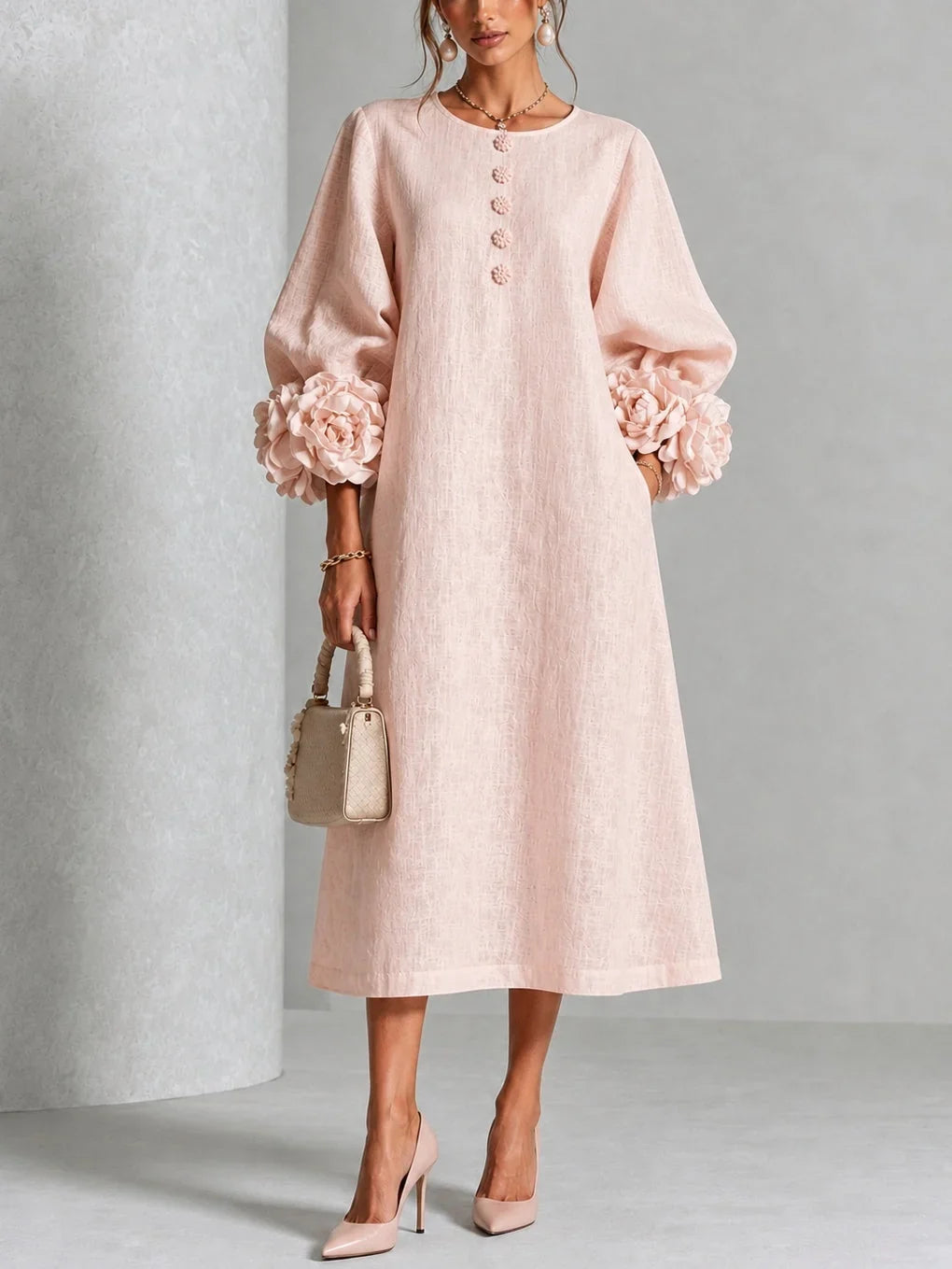 Olive – Linen-Look Midi Dress with Floral Cuffs