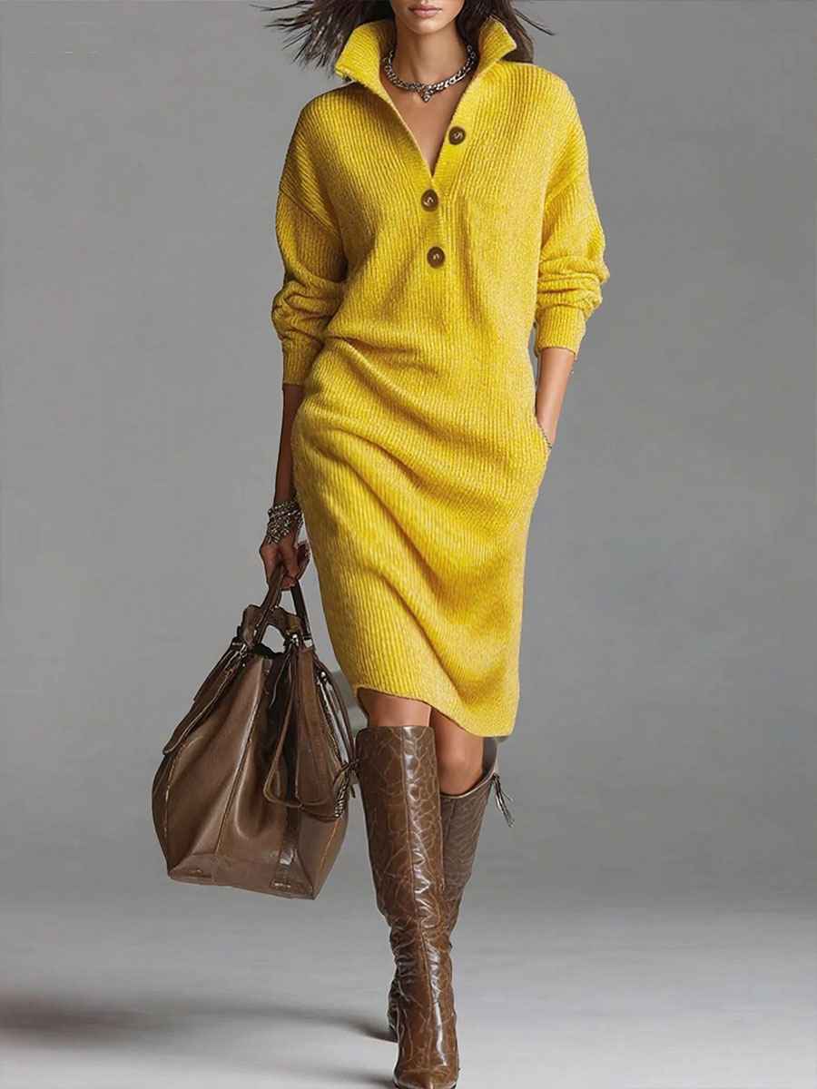 Leonora – Ribbed Knit Button-Neck Midi Dress