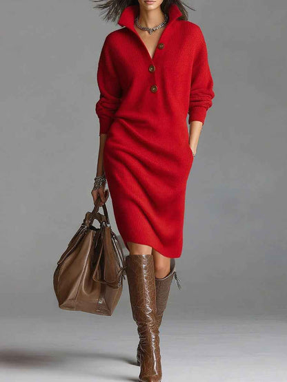 Leonora – Ribbed Knit Button-Neck Midi Dress
