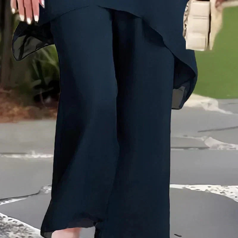 Thomasina – Layered Chiffon Top and Wide-Leg Trouser Set