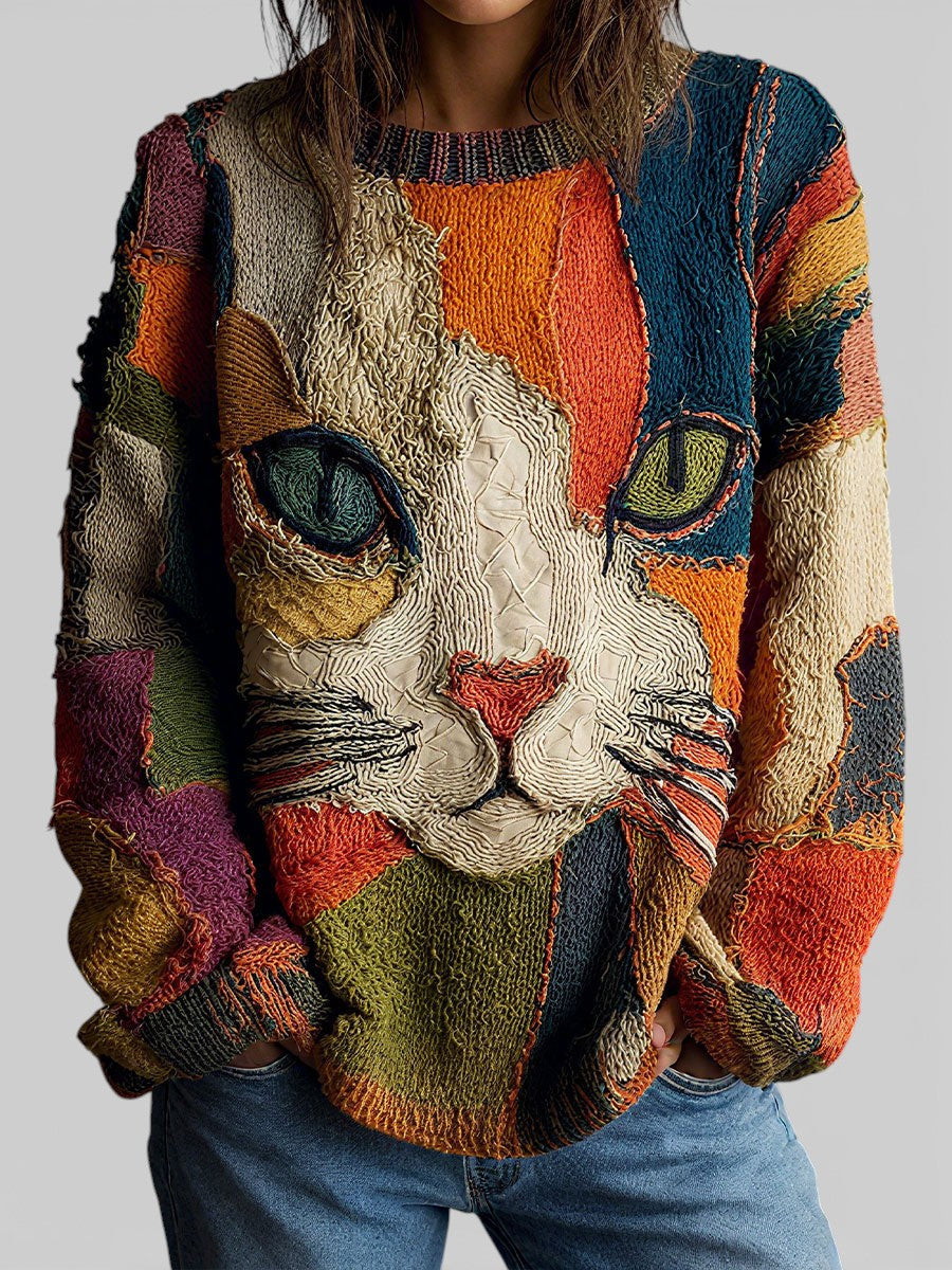 Cressida – Artistic Cat Patchwork Knit Pullover