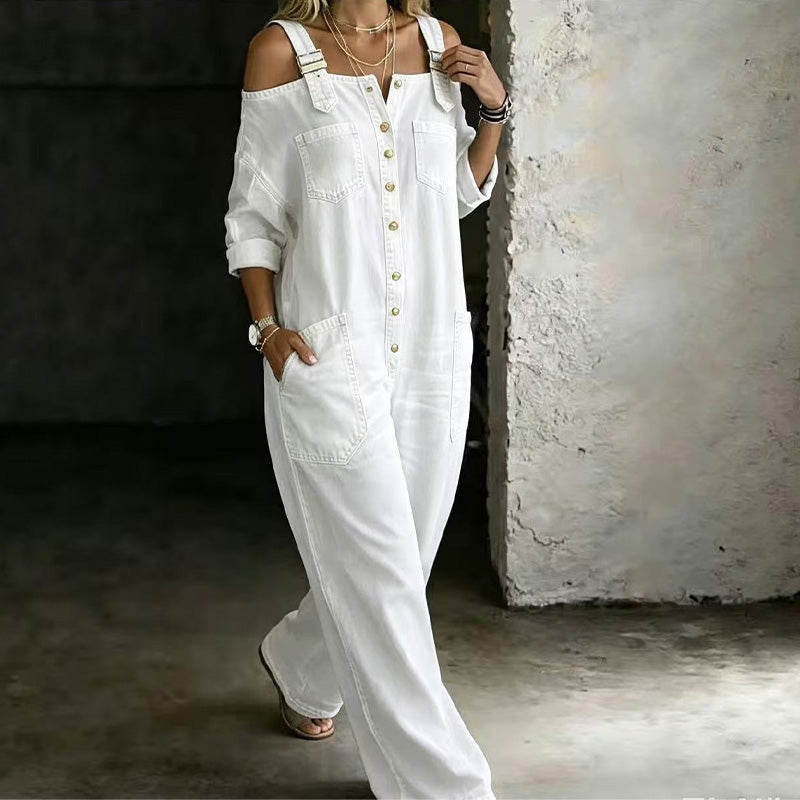 Aoife – Cold-Shoulder Denim-Look Wide-Leg Jumpsuit