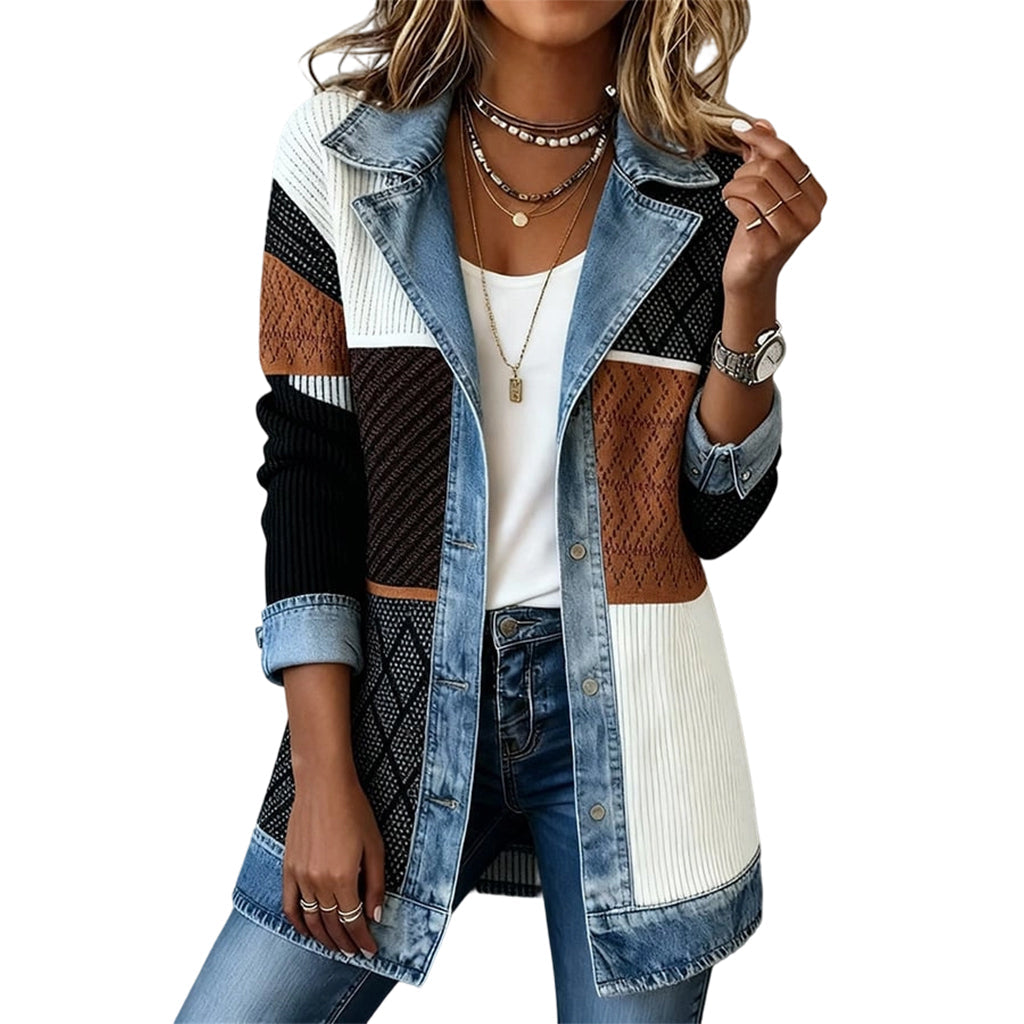 Patricia – Ribbed Knit and Denim Patchwork Jacket