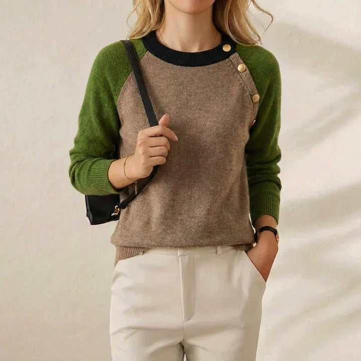 Helen – Colour Block Knit Jumper with Button Detail