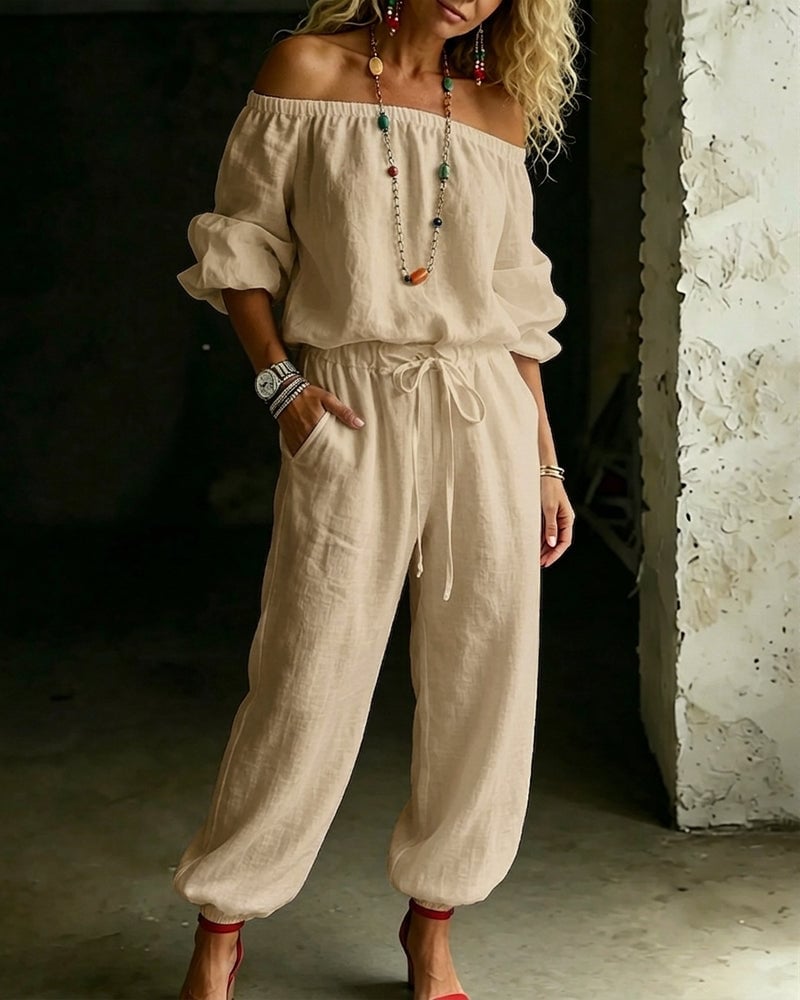 June – Off-Shoulder Drawstring Jumpsuit